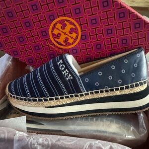Tory Burch Navy and White Espadrille Flats